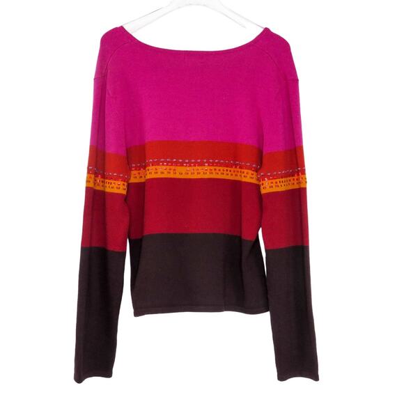 1990s Vintage Inc Pink Striped Colorblock Beaded V-Neck Sweater Large - Picture 5 of 7